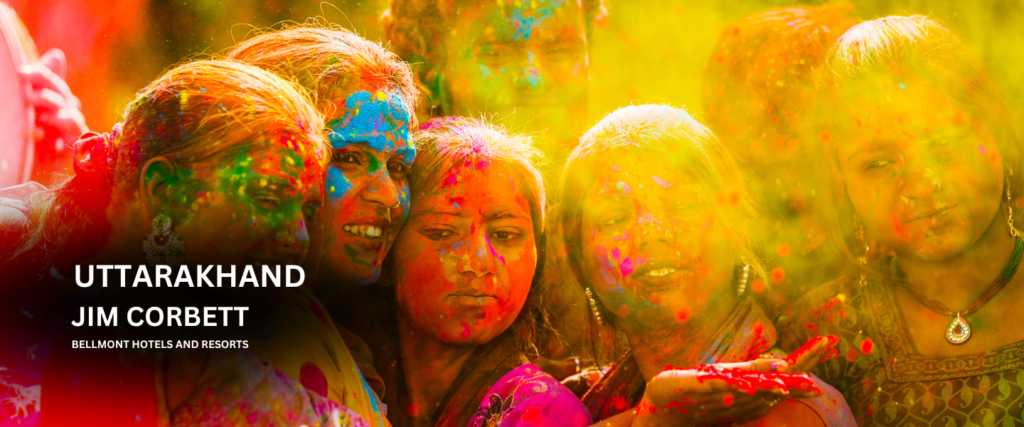 Holi celebration at Bellmont Caves, Jim Corbett, with vibrant colors and festive joy.